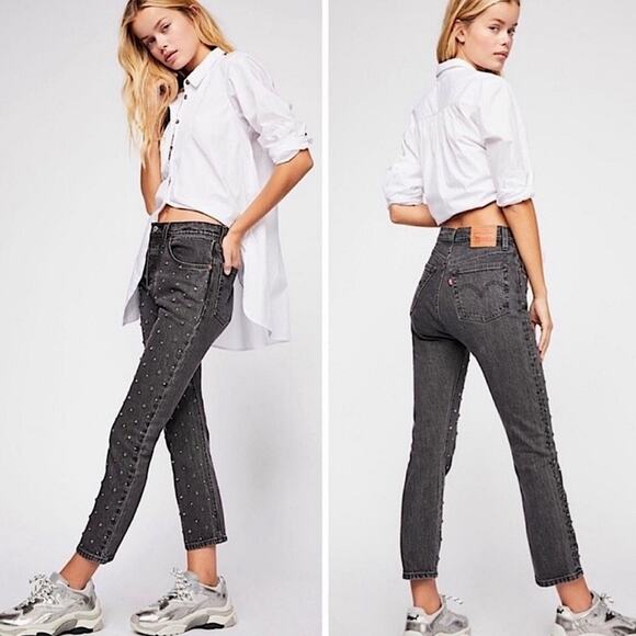 Levi's 501 Original Black Cropped Studded Rhinestone Jeans Black Size 26 - Picture 1 of 12